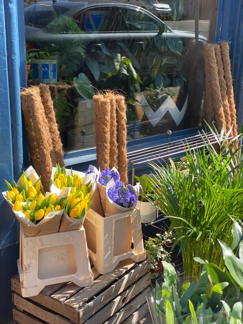 The image shows a display of fresh flowers outside a florist shop, with various floral arrangements and potted plants. There are three small bouquets of yellow tulips and purple lavender, wrapped in b
