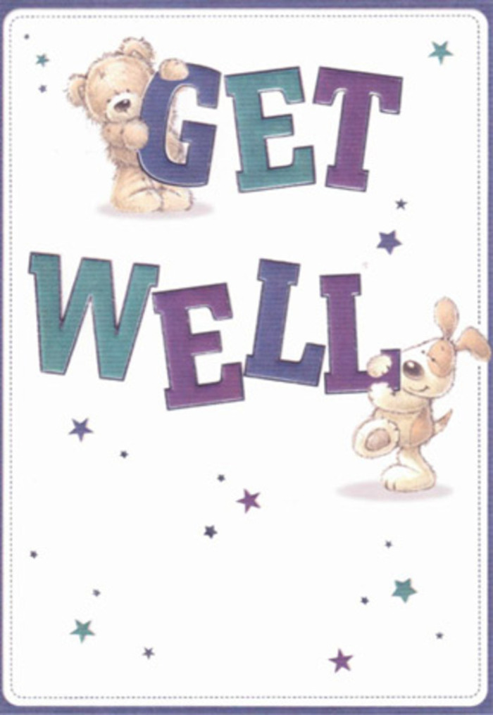 In this gentle get well card illustration, the main focus is a large, friendly GET WELL message propped up and played with by two charming characters: a snuggly teddy bear and a lively, floppy-eared puppy. The lettering is big and reassuring, each character carefully shaded in harmonious tones of deep purple, teal, aqua, and indigo, creating soft depth and making the words feel almost like cushioned blocks you could pick up and hold. The teddy bear clings adorably to the top of the first word, GET, its round head tilted in a caring expression, paws resting over the letters as if to keep them steady. Its fur is suggested with subtle, textured strokes that imply softness and warmth. Down by the word WELL, the puppy balances playfully, its velvety ears drooping to one side, muzzle nudging one of the letters as though encouraging the viewer to feel better soon. Their faces are open and expressive, conveying affection, loyalty, and a gentle kind of fun that suits every age. Surrounding them, scattered starbursts and tiny star shapes in varying blues, purples, and hints of teal dance lightly against a clear cream-white background, like cheerful confetti or glimmers of hope drifting through the air. The uncluttered space around the figures gives the image a light, breathable quality, similar to the way a well-spaced bouquet allows each stem to be appreciated, something we think about carefully in our designs at Brixton Florist. The overall colour palette is cool yet uplifting, like the soft evening light that settles over Brixton Village Market once the stalls begin to quiet. Though the card doesn't show any actual flowers, the atmosphere it creates mirrors the feeling of sending a gentle get well arrangement across Brixton and nearby streets off Acre Lane: soothing, optimistic, and full of quiet kindness. It's the visual equivalent of placing a comforting hand on a friend's shoulder, paired with the promise that brighter, healthier days are just ahead.