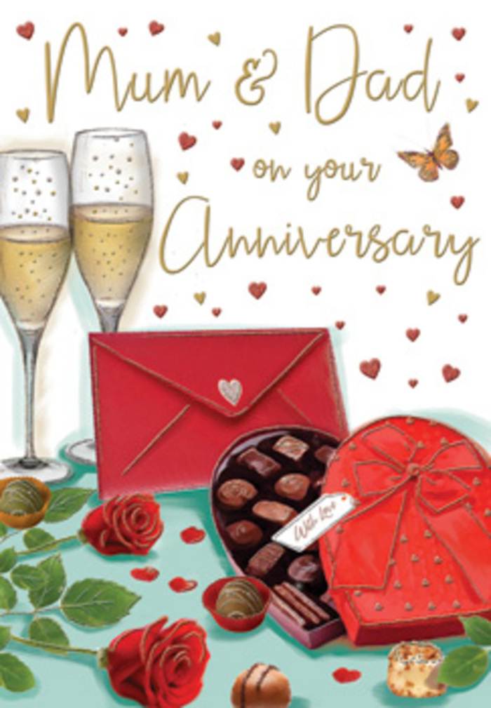 This richly detailed anniversary card illustration conjures the atmosphere of an intimate celebration, as if set in a snug Brixton flat after a surprise delivery of roses and chocolates. Dominating the foreground is a heart-shaped box of chocolates, its deep red lid tipped to reveal an orderly array of glossy truffles, each nestled in its own little compartment like a secret waiting to be shared. A sumptuous satin bow in matching red wraps the box, its folds and tails painted with delicate highlights that suggest a soft, warm light source. To one side, two tall champagne flutes stand close together, their clear glass catching fine lines of reflection. Inside, pale golden champagne bubbles upwards in slender streams, ready for a gentle clink and whispered toast. Nearby, a pair of red roses rest on the surface, their petals layered, full and slightly curled at the edges, as vivid as flowers freshly chosen by a skilled Brixton florist from the stalls near the station. Deep green leaves cradle the blooms, adding texture and depth against the light-toned background. Scattered around the composition are small chocolate pieces, some half-unwrapped, which lends an air of relaxed indulgence, as if the couple has already started enjoying their treat. Floating across the card are tiny crimson and gold hearts, framing affectionate anniversary wording that feels hand-written and personal. A bright red envelope, sealed and slightly angled, completes the scene, hinting at a heartfelt message tucked inside. The blend of ruby, gold, and cream tones creates a cocoon of romance and gratitude, ideal for celebrating enduring love in Brixton after another year shared together.