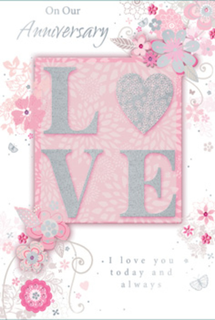 This anniversary card opens like a gentle love letter crafted in paper and petals, evoking the calm of an early Sunday wander through Brixton's flower stalls. Dominating the centre is the word LOVE, printed in a raised, frosted glitter finish that glows softly when it catches the light, much like the subtle shimmer on pale rose petals. The glitter is refined and delicately applied, creating a beautiful tactile contrast against the smooth card surface. Around this central motif, a halo of wispy, hand-drawn blooms and slender sprays of leaves drift along the borders. Their colours-soft pinks, lilac tones, and creamy ivory-meld together in a harmonious pastel palette reminiscent of a romantic bouquet arranged by an experienced florist. The flowers and foliage form a loose frame, gently guiding the eye toward the message without feeling rigid or over-structured. Fine filigree lines and tiny leaves weave in and out between the blooms, and if you look closely, you can almost sense faint, butterfly-like shapes tucked among the petals, suggesting the flutter of excited hearts on an anniversary morning. The inscription I love you today and always appears in graceful, understated type, resting comfortably among the floral details, as if handwritten with care at a kitchen table overlooking Brixton rooftops. The lighting in the image is soft and even, enhancing the tranquil, romantic mood. Overall, the card feels like a hand-tied bouquet translated into stationery-a tender, thoughtfully designed keepsake that celebrates everyday devotion as much as the special anniversary itself, perfect for pairing with fresh anniversary flowers delivered across Brixton.