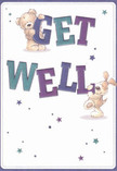 A whimsical illustrated get well card shows a cuddly teddy bear and a floppy-eared puppy working together to hold up the big, playful words GET WELL, as if they're delivering the message in person. The chunky letters are coloured in rich shades of indigo, teal, and soft purple, shaded to give them a slightly three-dimensional feel, so they appear to bounce with cheerful energy against a clean cream-white background. The bear clings sweetly to the top of the word GET, its soft fur suggested with gentle strokes and rounded shapes, while the puppy balances beside the bold WELL, its velvety ears flopping with friendly mischief. Scattered around them are little starbursts in blues and purples, like tiny fireworks of hope, adding movement and a sense of magic to the design. Everything in the scene feels light, airy, and reassuring, much like the calm sky over Brockwell Park on a bright morning in Brixton. The composition is open and uncluttered, allowing the characters and message to breathe, which mirrors the soothing effect of a well-spaced bouquet arranged to comfort someone who's unwell. Though there are no actual flowers drawn, the mood echoes a gentle get well arrangement from a local Brixton florist: thoughtful, tender, and designed to lift the spirits without overwhelming. This card image would pair beautifully with a fresh, softly coloured bouquet delivered to a friend recovering at home near Electric Avenue or just off Coldharbour Lane, conveying not only words of healing but also a sense of childlike warmth and genuine care. The overall feeling is one of uncomplicated kindness, the sort of quiet encouragement that helps a loved one feel a little stronger and a little less alone.