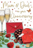 The illustrated anniversary card presents a romantic, carefully composed vignette that could easily sit beside a bouquet in a Brixton living room after an evening delivery. At its centre, two slender champagne glasses stand shoulder to shoulder, filled with a softly glowing golden fizz that almost seems to shimmer against the warm background. The glassware is drawn with delicate reflections, suggesting gentle, ambient light, like candles flickering during a quiet dinner just off Brixton Hill. In the foreground, a heart-shaped box of chocolates rests open, its interior lined with neat rows of round truffles, each piece smooth and slightly domed, their sheen hinting at rich, decadent fillings. A bold, scarlet ribbon is tied around the box, the bow full and elegant, its texture almost touchable. Just beside, two velvety red roses lie on the table, their petals deeply layered and romantic, framed by rich green leaves reminiscent of fresh stems selected from Brixton Market's flower stalls. Scattered chocolates and tiny hearts in crimson and shimmering gold float across the cream-coloured backdrop, encircling softly scripted anniversary greetings. To one side, a bright red envelope sits ready to be opened, closed with a crisp triangular flap that suggests a handwritten message filled with gratitude and affection. The entire scene is rich in warm reds, golds, and gentle neutrals, evoking the scent of roses, the taste of chocolate, and the sound of a tender toast. It captures the feeling of a couple pausing to celebrate their journey together in Brixton, wrapped in love, memory, and quiet joy.